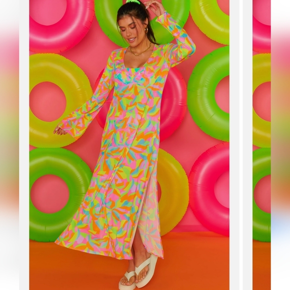 NWT SHOW ME YOUR MUMU SANTOS COVER UP VIBRANT SHEER MAXI DRESS IN NEON TROPICS - Picture 5 of 15